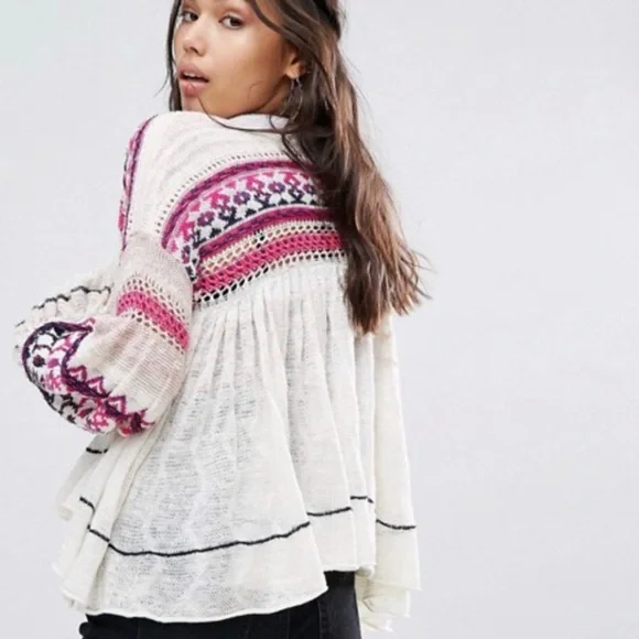 Free People Dreamland Knit Cardigan Womans Small Ivory Pink Balloon Sleeves - Picture 11 of 14